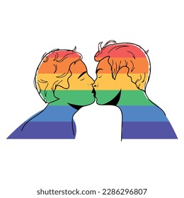 Gay kissing couple isolated on white background. Men in love kiss. Pride month concept. Homosexual pride flag colors. 