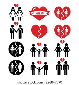 Gay or lesbian Couple breakup, divorce vector icons set 