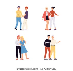 Gay and lesbian couple set - cartoon LGBT people in love isolated on white background. Vector illustration of young homosexual