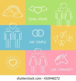 Gay & lesbian couple sign. Gay icon set. Equal rights. Thin line vector illustration. LGBT rainbow flag background.