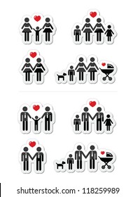 Gay, lesbian couples and family with children icons set