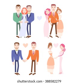 Gay and lesbian couples getting married. Man and woman wedding collection. Vector illustration eps 10