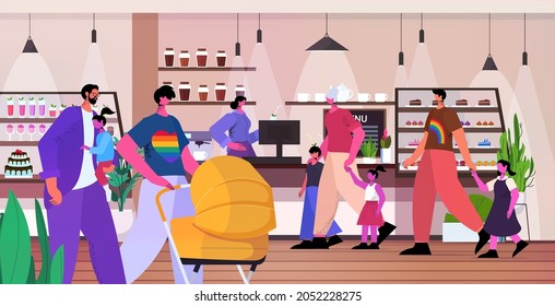 gay lesbian families spending time in cafe transgender love LGBT community concept horizontal