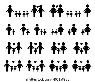 Gay and lesbian family vector icons, white on black  background