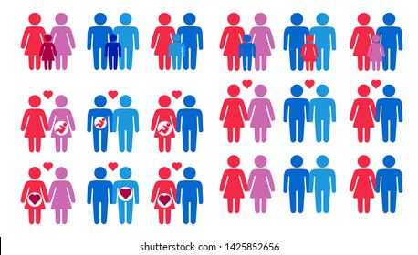 Gay, lesbian, hetero couples and family with children icons set