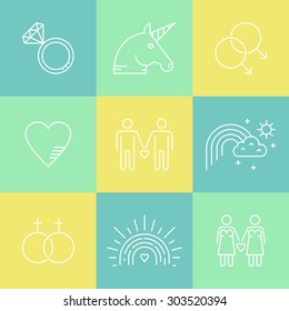 Gay and Lesbian LGBT vector icon collection. Gay marriage and gay pride symbols made in thin line vector style.