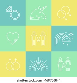 Gay and Lesbian LGBT vector icon collection. Gay marriage and gay pride symbols made in thin line vector style.