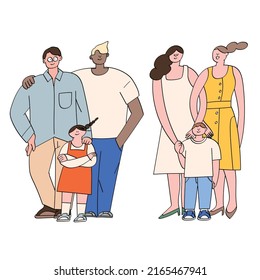 Gay, lesbian parent and child family illustration