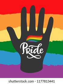 Gay, Lesbian pride poster with rainbow flag in hand. LGBT rights concept. Love is love. Homosexuality, equality emblem. Parades event announcement banner, placard typographic vector design.