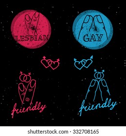 Gay and lesbian scribble elements icon set. Black, pink and blue night club atmosphere