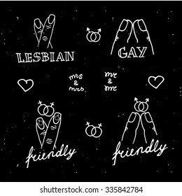 Gay and lesbian scribble icon set. White on black background.