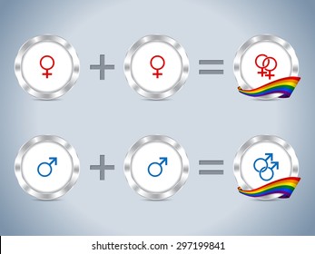 Gay lesbian symbols and sign with flag and metallic badges
