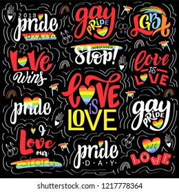 Gay lettering big vector set. Conseptual lgbt  hand draw illustrations and calligraphy quotes with doodle elements for a posters, stickers, flyers, banners, t-shirt