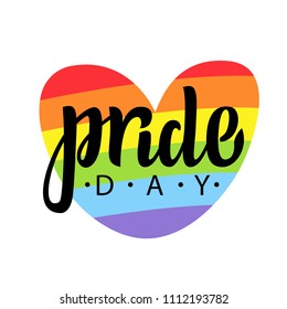 Gay Lettering. Conceptual poster with LGBT rainbow hand lettering. Colorful glitter handwritten phrase Pride Day isolated on black background. Vector typographic illustration for gay community support