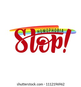 Gay Lettering. Conceptual poster with LGBT rainbow hand lettering. Colorful glitter handwritten phrase Stop Homophobia isolated on black background. Vector typographic illustration for gay community