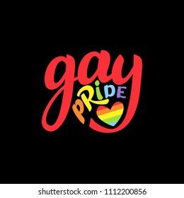 Gay Lettering. Conceptual poster with LGBT rainbow hand lettering. Colorful glitter handwritten phrase Gay pride isolated on black background. Vector typographic illustration for gay community support