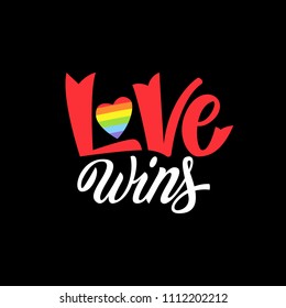 Gay Lettering. Conceptual poster with LGBT rainbow hand lettering. Colorful glitter handwritten phrase Love Wins isolated on black background. Vector typographic illustration for gay community support