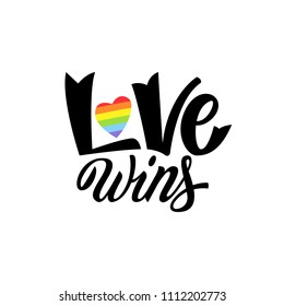 Gay Lettering. Conceptual poster with LGBT rainbow hand lettering. Colorful glitter handwritten phrase Love Wins isolated on black background. Vector typographic illustration for gay community support