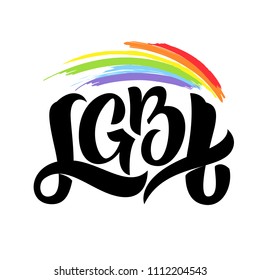 Gay Lettering. Conceptual poster with LGBT rainbow hand lettering. Colorful glitter handwritten phrase LGBT isolated on black background. Vector typographic illustration for gay community support