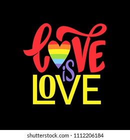 Gay Lettering. Conceptual poster with LGBT rainbow hand lettering. Colorful glitter handwritten phrase Love is Love isolated on black background. Vector typographic illustration for gay community