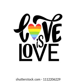 Gay Lettering. Conceptual poster with LGBT rainbow hand lettering. Colorful glitter handwritten phrase Love is Love isolated on black background. Vector typographic illustration for gay community