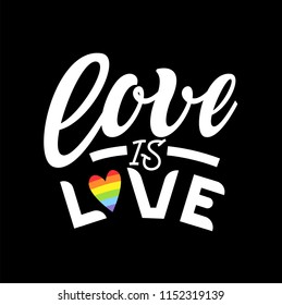 Gay Lettering. Conceptual poster with LGBT rainbow hand lettering for print materials and design elements. Colorful glitter handwritten phrase Love is Love isolated on black background. Vector