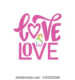 Gay Lettering. Conceptual poster with LGBT rainbow hand lettering for print materials and design elements. Handwritten phrase Love is Love isolated on white background. Vector typographic illustration