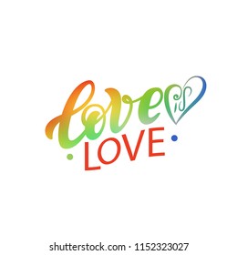 Gay Lettering. Conceptual poster with LGBT rainbow hand lettering for print materials and design elements. Colorful glitter handwritten phrase Love is Love isolated on white background. Vector