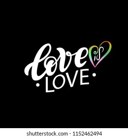 Gay Lettering. Conceptual poster with LGBT rainbow hand lettering for print materials and design elements. Colorful glitter handwritten phrase Love is Love isolated on black background. Vector