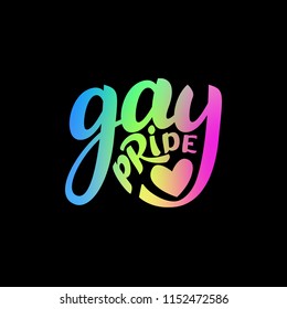 Gay Lettering. Conceptual poster with LGBT rainbow hand lettering. Rainbow glitter handwritten phrase Gay pride isolated on black background. Vector typographic illustration for gay community support