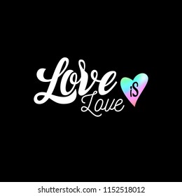 Gay Lettering. Conceptual poster with LGBT rainbow hand lettering for print materials and design elements. Handwritten phrase Love is Love isolated on black background. Vector illustration