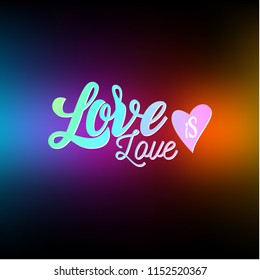 Gay Lettering. Conceptual poster with LGBT rainbow hand lettering for print materials and design elements. Handwritten phrase Love is Love isolated on rainbow background. Vector