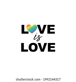 Gay Lettering. Conceptual poster with LGBT rainbow hand lettering. Colorful glitter handwritten phrase Love is Love isolated on black background. Vector typographic illustration for gay community