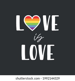 Gay Lettering. Conceptual poster with LGBT rainbow hand lettering. Colorful glitter handwritten phrase Love is Love isolated on black background. Vector typographic illustration for gay community