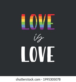 Gay Lettering. Conceptual poster with LGBT rainbow hand lettering. Colorful glitter handwritten phrase Love is Love isolated on black background. Vector typographic illustration for gay community