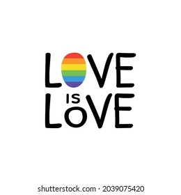 Gay Lettering. Conceptual poster with LGBT rainbow hand lettering. Colorful glitter handwritten phrase Love is Love isolated on black background. Vector typographic illustration for gay community	
