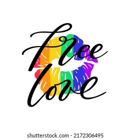 Gay Lettering Quote Concept Poster Kiss Mark. Rainbow Colored Phase Free Kisses. Vector Lgbt Poster.