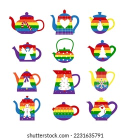 Gay lgbt christmas and new year teapots with rainbow flag and holiday symbols. Queer cozy winter concept. Flat vector illustration set.