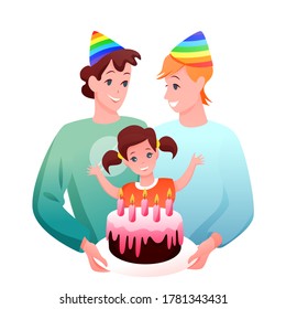 Gay LGBT family celebrate vector illustration. Cartoon flat happy two gay father characters celebrating birthday of daughter girl with gift chocolate cake, kid birthdate celebration isolated on white