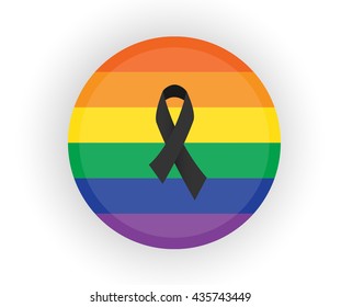 Gay LGBT flag colors botton with black ribbon. Stand strong. Message for the victims of intolerance. Orlando mass shooting vector.