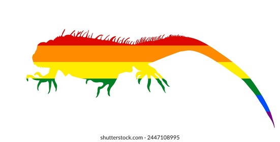 Gay LGBT flag over Iguana vector silhouette illustration isolated on white background. Lizard animal. Modern pet. Rainbow flag of free love. LGBT iguana gay symbol shape shadow.