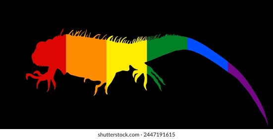 Gay LGBT flag over Iguana vector silhouette illustration isolated on black background. Lizard animal. Modern pet. Rainbow flag of free love. LGBT iguana gay symbol shape shadow.