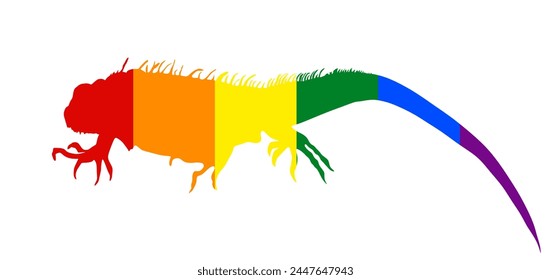 Gay LGBT flag over Iguana vector silhouette illustration isolated on white background. Lizard animal. Modern pet. Rainbow flag of free love. LGBT iguana gay symbol shape shadow.