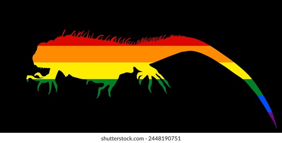 Gay LGBT flag over Iguana vector silhouette illustration isolated on black background. Lizard animal. Modern pet. Rainbow flag of free love. LGBT iguana gay symbol shape shadow.