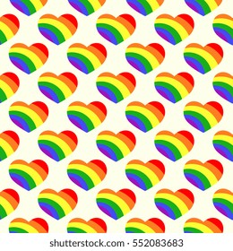 Gay LGBT seamless pattern with rainbow hearts isolated on white background. Vector illustration.