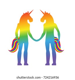 Gay love. unicorn hold hands. LGBT heart. Together forever. Vector illustration
