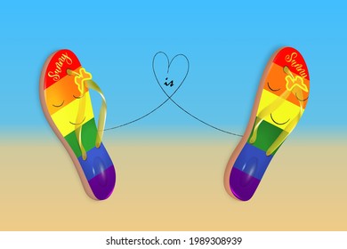 Gay love is love. Vector illustration of non-traditional relationships, LGBT. Flip-flops and a heart on the background of the beach.