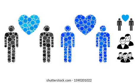 Gay lovers composition of spheric dots in various sizes and shades, based on gay lovers icon. Vector round dots are organized into blue composition. Dotted gay lovers icon in usual and blue versions.