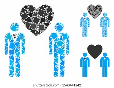 Gay lovers composition of tremulant parts in variable sizes and color tones, based on gay lovers icon. Vector tremulant parts are organized into collage. Gay lovers icons collage with dotted pattern.