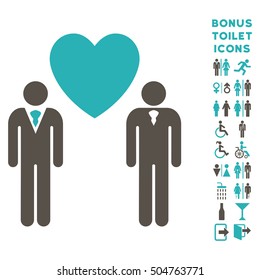Gay Lovers icon and bonus gentleman and lady WC symbols. Vector illustration style is flat iconic bicolor symbols, grey and cyan colors, white background.